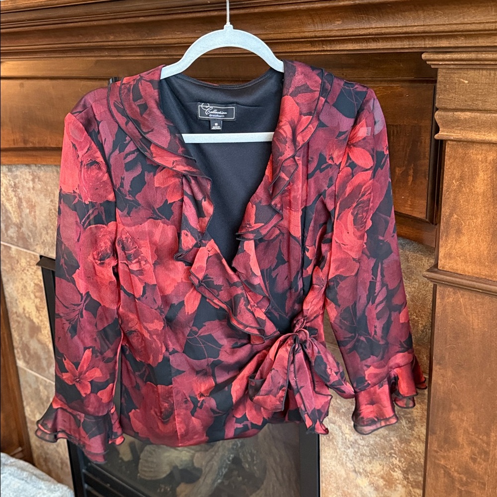 Semi vintage black red floral ruffle true wrap blouse romantic Whimsigoth Y2K 10